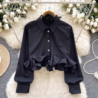 Orchid Moda black shirt with ruffle details inspired by ruffle rose pink shirt design
