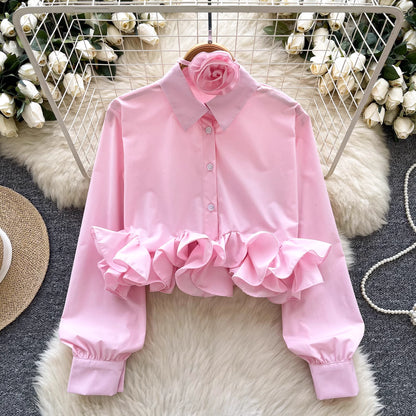 Orchid Moda ruffle rose pink shirt with button-down front and decorative ruffled hem
