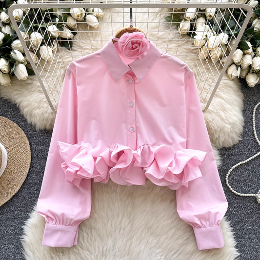 Orchid Moda ruffle rose pink shirt with button-down front and decorative ruffled hem