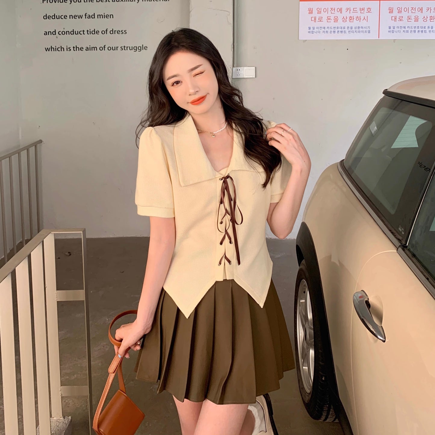 Orchid Moda short sleeve statement shirt with large collar and front tie worn by model
