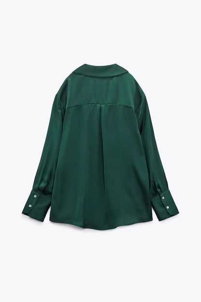 Orchid Moda solid satin shirt for women in dark green with long sleeves and buttoned cuffs