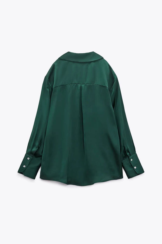 Orchid Moda solid satin shirt for women in dark green with long sleeves and buttoned cuffs