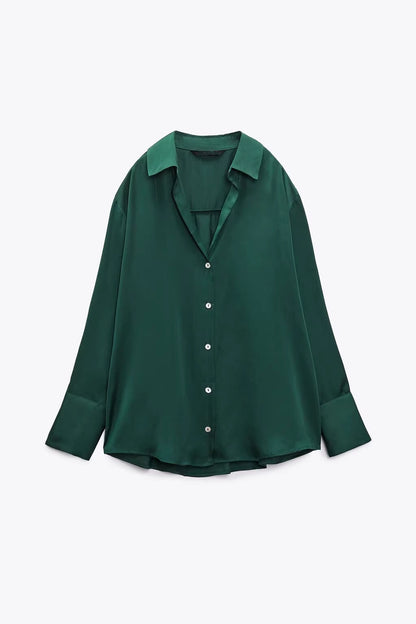 Orchid Moda solid satin shirt for women in deep green with button front and classic collar