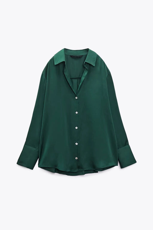 Orchid Moda solid satin shirt for women in deep green with button front and classic collar