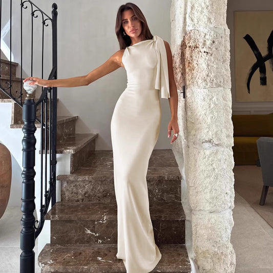 Orchid Moda elegant cream special occasion long dress with one shoulder drape detail