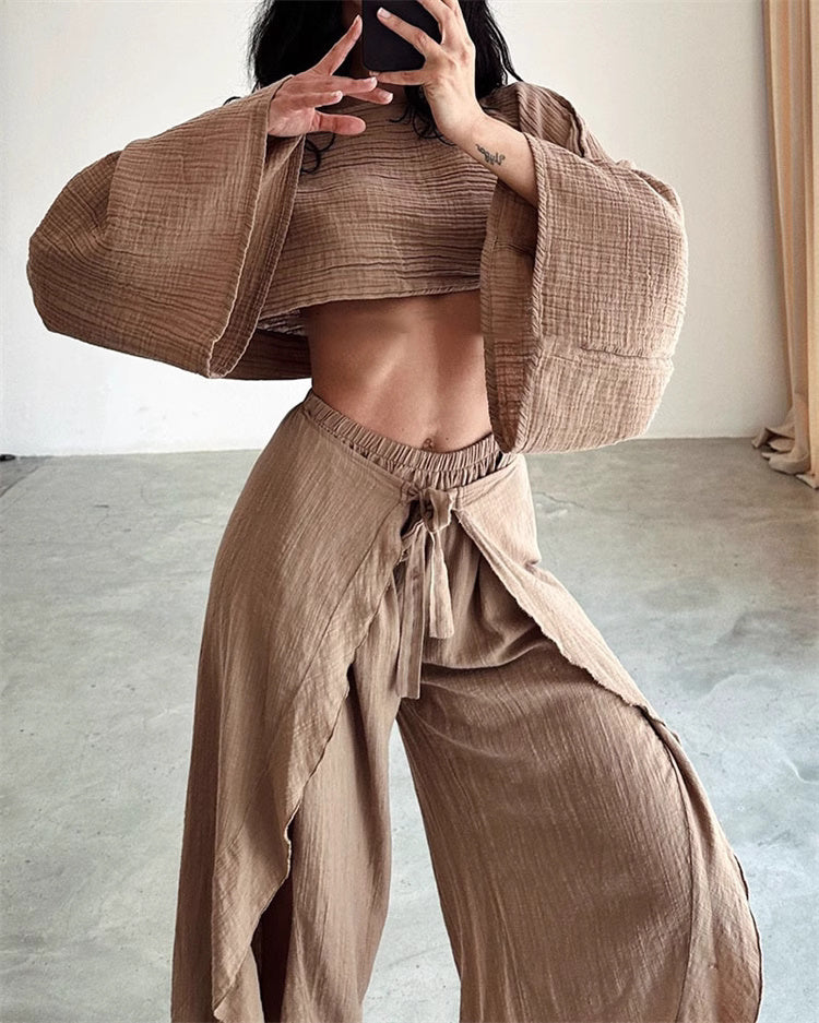 Orchid Moda brown split hem pants outfit for women with wide leg pants and matching crop top
