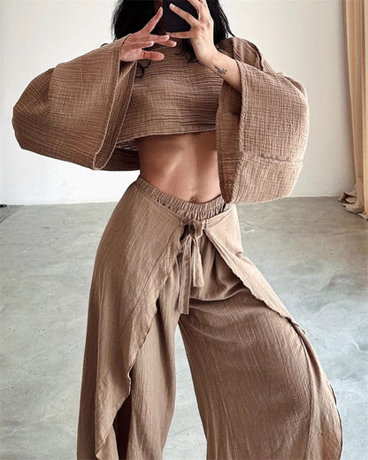 Orchid Moda brown split hem pants outfit for women with wide leg pants and matching crop top