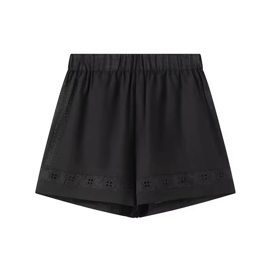 Black shorts with elastic waistband and eyelet detailing from summer co ord set for women