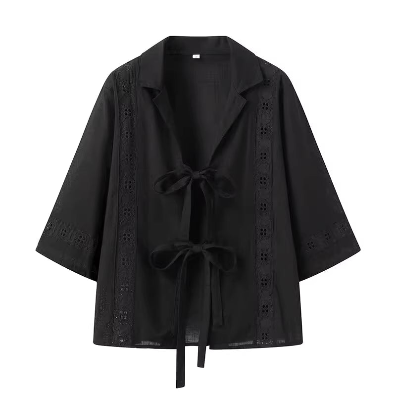Black summer co ord set for women top with tie front and embroidered details by Orchid Moda