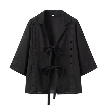 Black summer co ord set for women top with tie front and embroidered details by Orchid Moda
