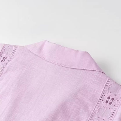 Light purple summer co ord set for women with eyelet lace detailing on sleeves by Orchid Moda