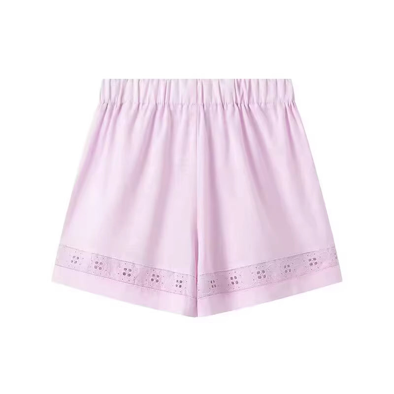 Light pink shorts with elastic waistband and lace trim for summer co ord set for women by Orchid Moda