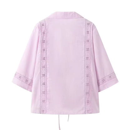 Orchid Moda light purple summer co ord set for women top with lace detailing on sleeves and back