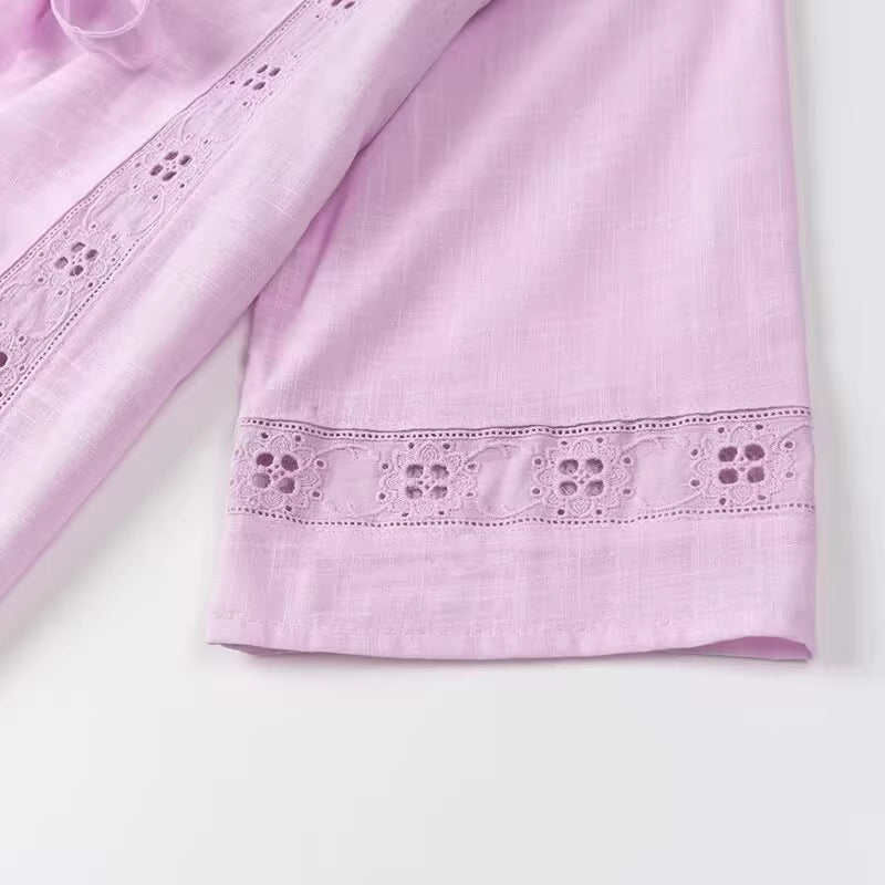 Light purple summer co ord set for women with delicate floral lace trim details
