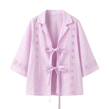 Orchid Moda lavender summer co ord set for women with tie front and eyelet lace detailing