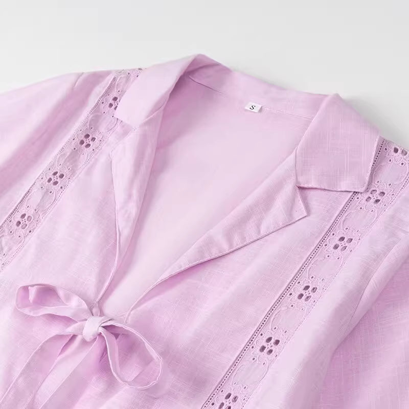 Light purple summer co ord set for women with lace details and a front tie closure by Orchid Moda