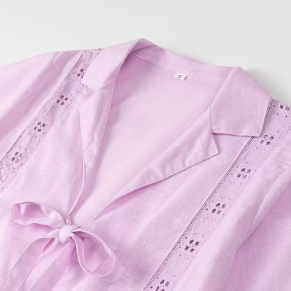 Light purple summer co ord set for women with lace details and a front tie closure by Orchid Moda