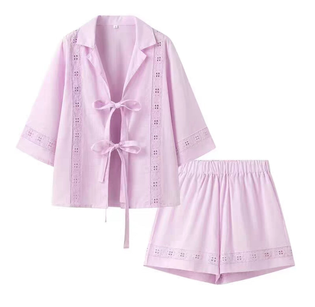 Orchid Moda light purple summer co ord set for women with tie front top and elastic waist shorts