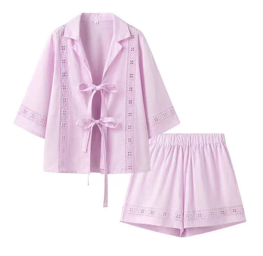 Orchid Moda light purple summer co ord set for women with tie front top and elastic waist shorts