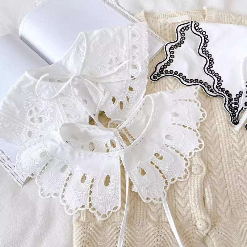 Orchid Moda trendy faux collar for women, featuring delicate lace and embroidery details in white and black