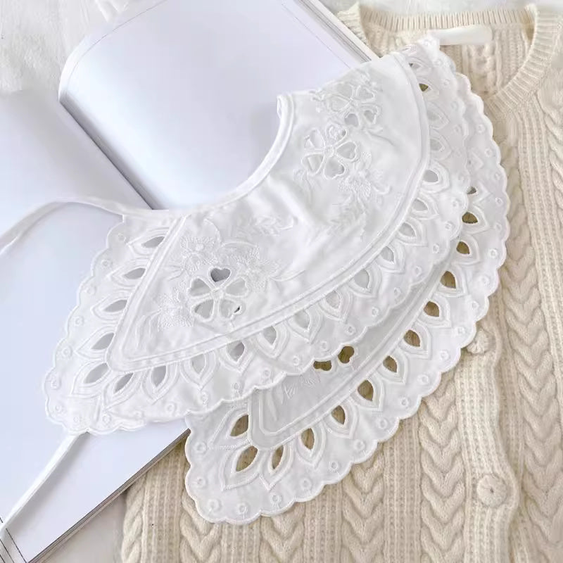 Orchid Moda trendy faux collar for women in white with intricate floral embroidery and scalloped edges