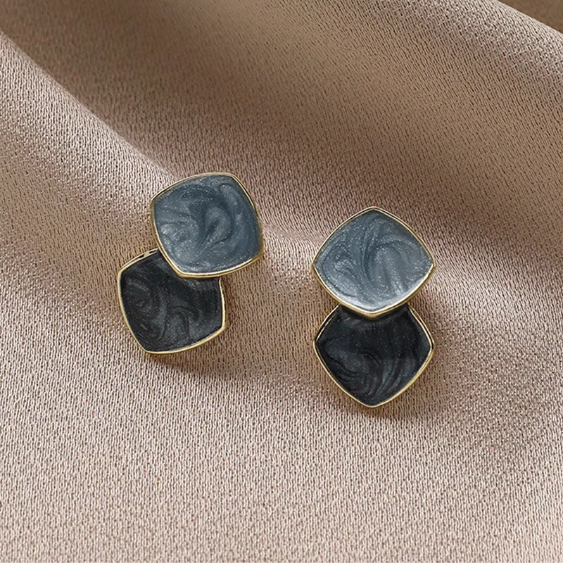 Orchid Moda trendy geometric earrings for women with black and gray marbled square design and gold edges