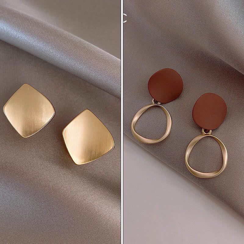 Orchid Moda trendy geometric earrings for women featuring gold-tone minimalist stud and brown and gold dangle pair