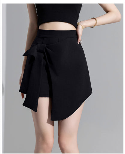 Orchid Moda trendy high waisted skort in black with asymmetrical wrap design and bow detail