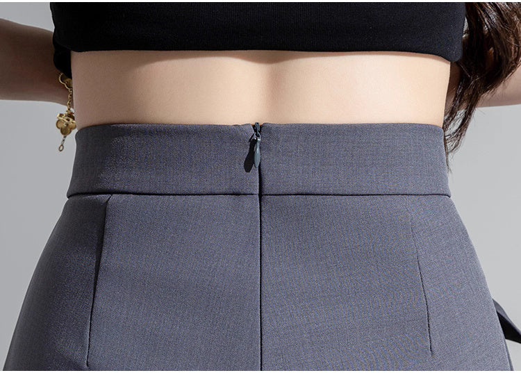 Close-up of trendy high waisted skort in gray with back zipper detail by Orchid Moda