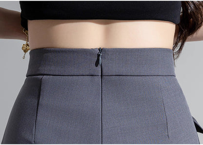 Close-up of trendy high waisted skort in gray with back zipper detail by Orchid Moda