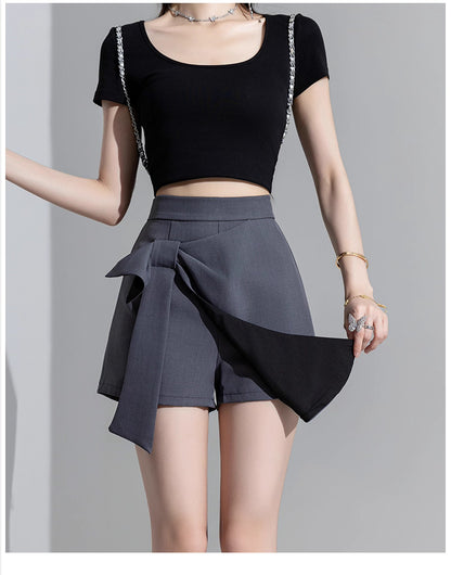 Orchid Moda trendy high waisted skort in gray with black overlay and side tie detail