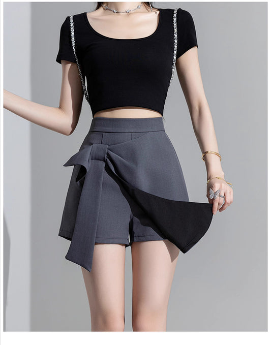 Orchid Moda trendy high waisted skort in gray with black overlay and side tie detail