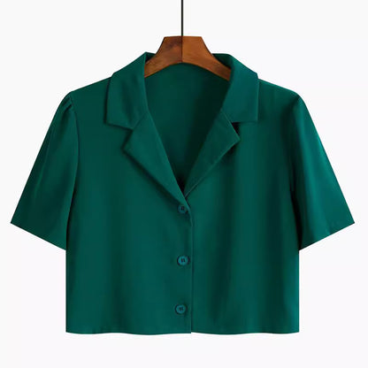 Orchid Moda trendy short sleeved shirt women in green with collar and button-down front