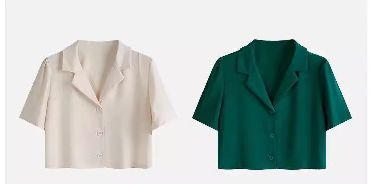 Orchid Moda trendy short sleeved shirt women in beige and dark green with button front and collar