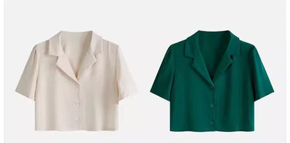 Orchid Moda trendy short sleeved shirt women in beige and dark green with button front and collar
