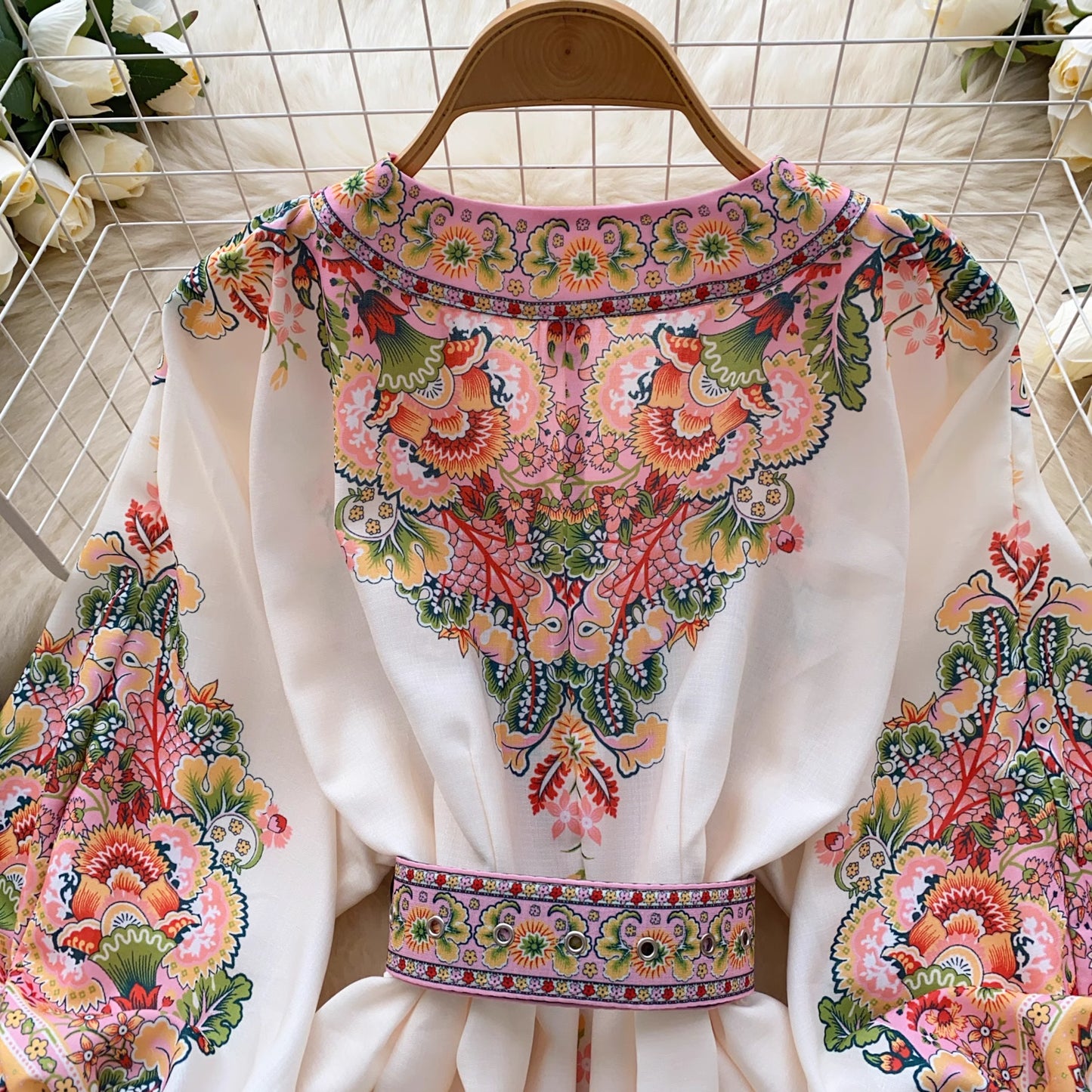 Orchid Moda white trendy weekender dress for women with colorful floral embroidery and matching belt