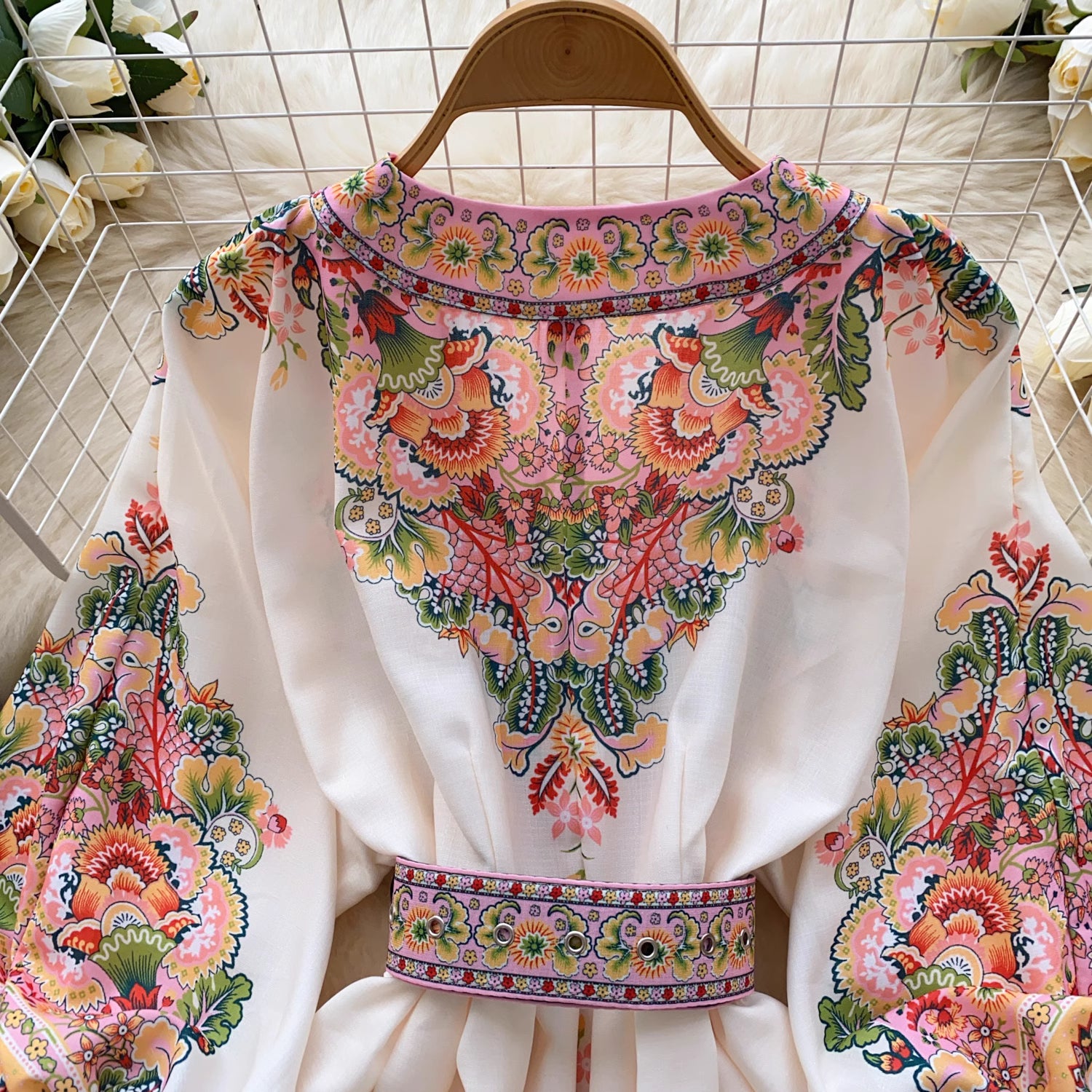 Orchid Moda white trendy weekender dress for women with colorful floral embroidery and matching belt