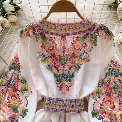 Orchid Moda white trendy weekender dress for women with colorful floral embroidery and matching belt