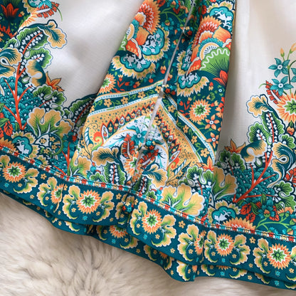 Close-up of colorful floral fabric pattern on trendy weekender dress for women by Orchid Moda