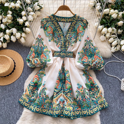 Orchid Moda trendy weekender dress for women with colorful floral and paisley patterns and puff sleeves