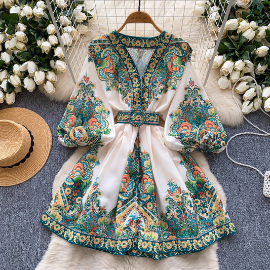 Orchid Moda trendy weekender dress for women with colorful floral and paisley patterns and puff sleeves