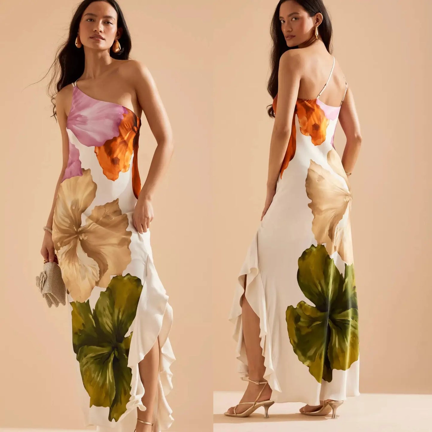 Orchid Moda unique one-shoulder dress with large floral print and asymmetrical hem
