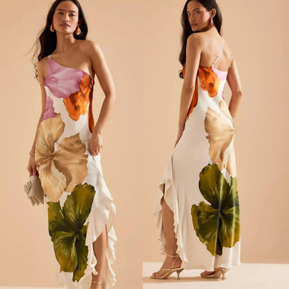 Orchid Moda unique one-shoulder dress with large floral print and asymmetrical hem