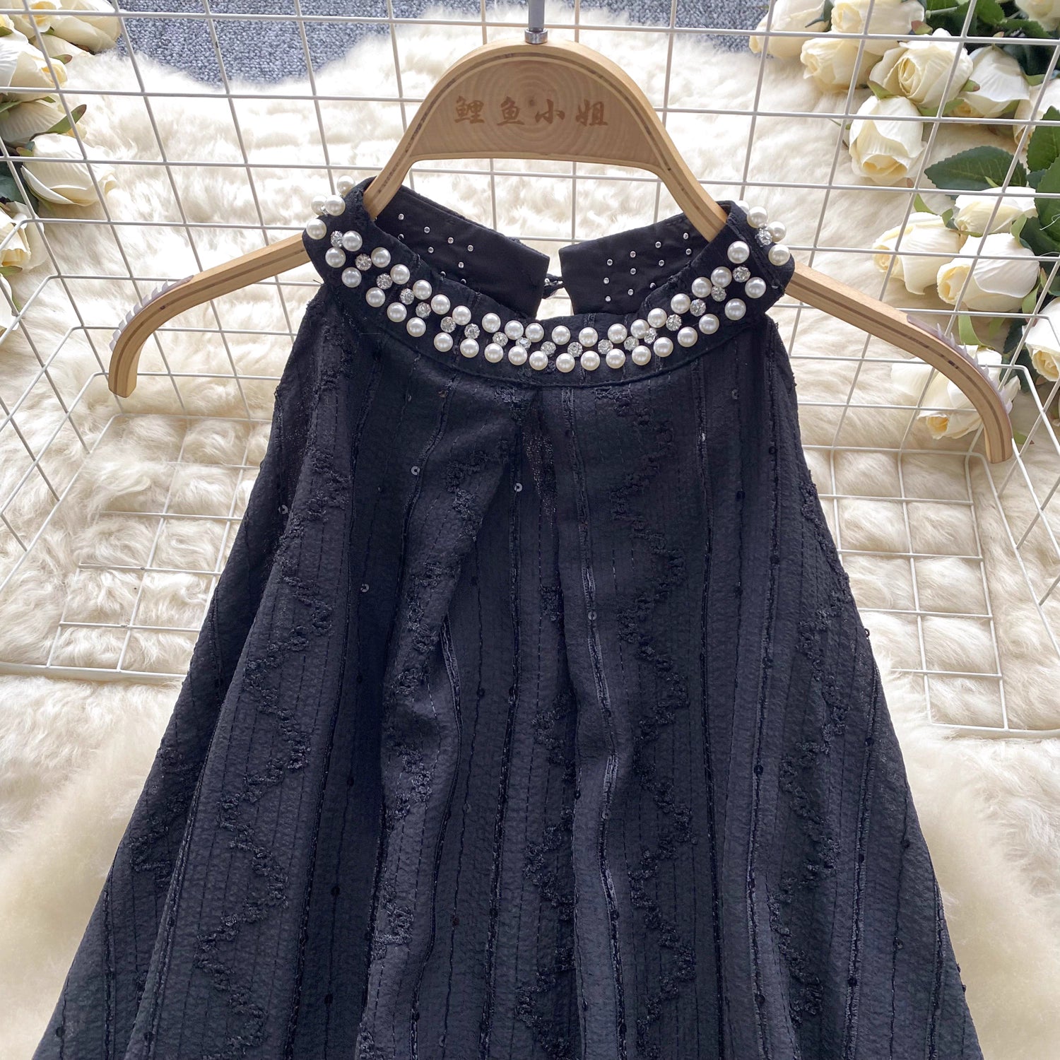 Black sleeveless top with pearl beaded collar from beaded co ord set for women by Orchid Moda