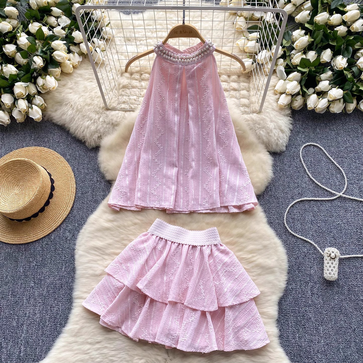 Orchid Moda pink beaded co ord set for women with sleeveless top and layered skirt