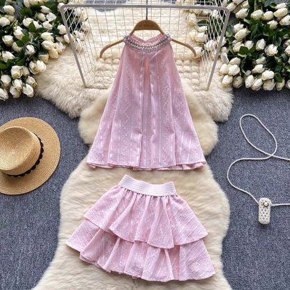 Orchid Moda pink beaded co ord set for women with sleeveless top and layered skirt