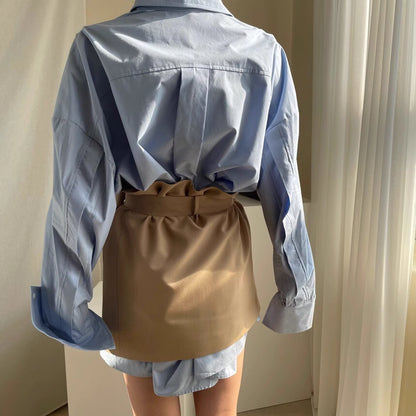 Orchid Moda closet raid oversized shirt and skirt set in light blue and tan with relaxed fit