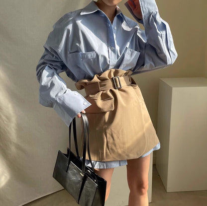 Orchid Moda closet raid oversized shirt and skirt set with blue shirt and tan belted skirt