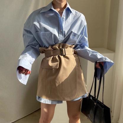 Orchid Moda closet raid oversized shirt and skirt set featuring light blue oversized shirt and beige belted skirt