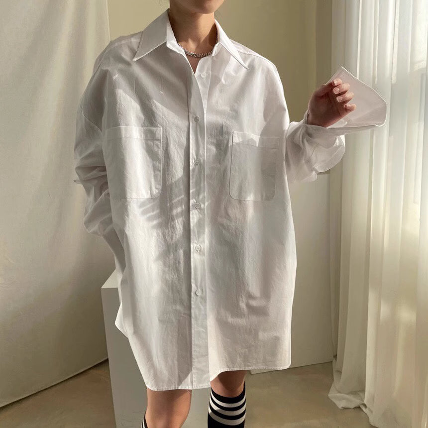 Orchid Moda white closet raid oversized shirt and skirt set with long sleeves and front pockets